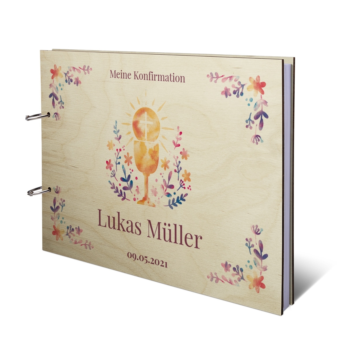 Personalisiertes Konfirmation Gästebuch Birkensperrholz Ringbuch UV-Druck DIN A4 quer - Heiliger Gral