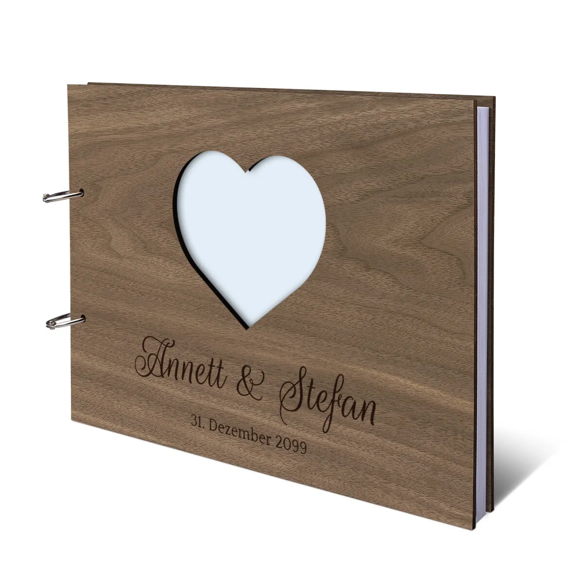 Personalisiertes Hochzeit Gästebuch Nussbaum Holz A4 quer - Herz