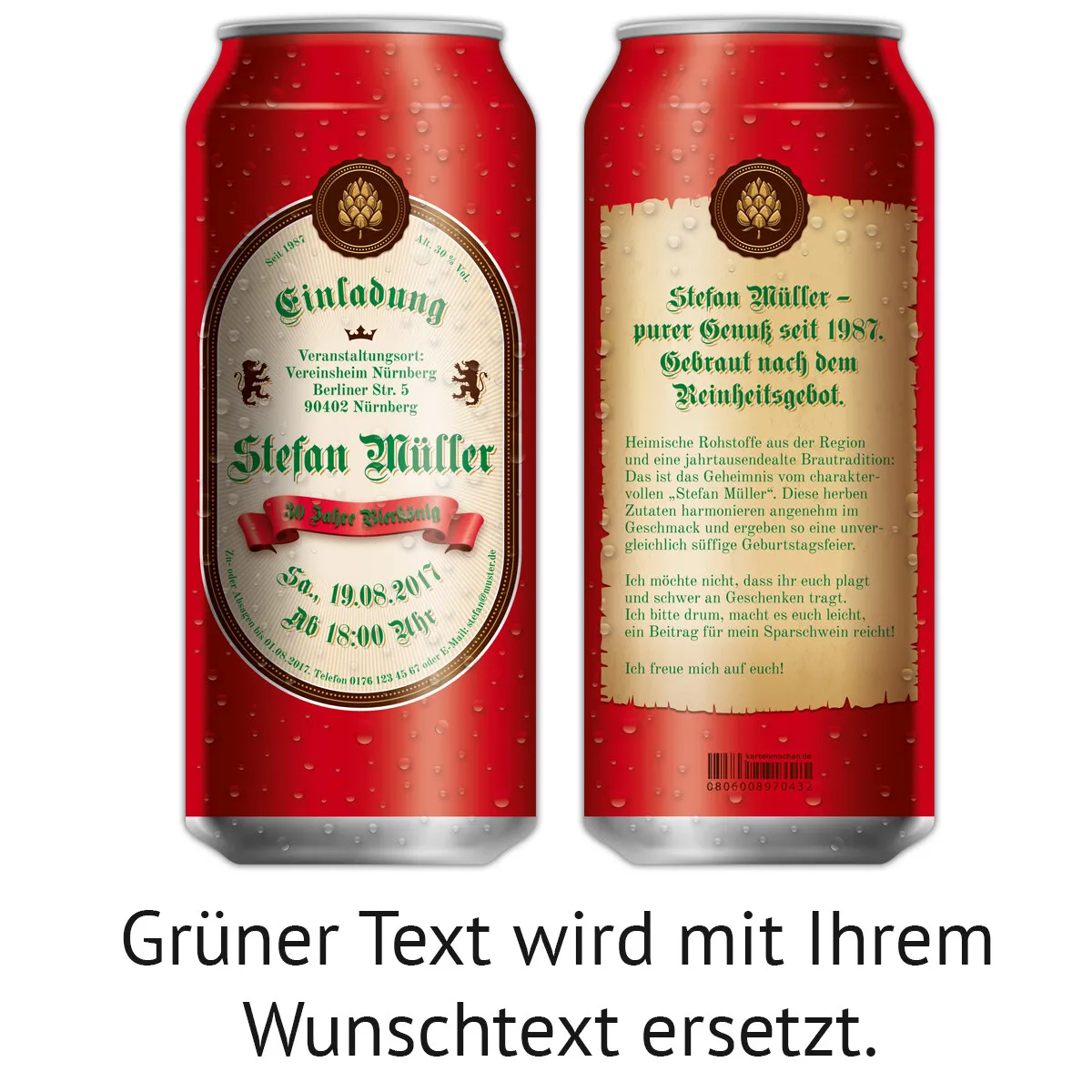 Lasergeschnittene Geburtstagseinladungskarten als Bierdose in Rot