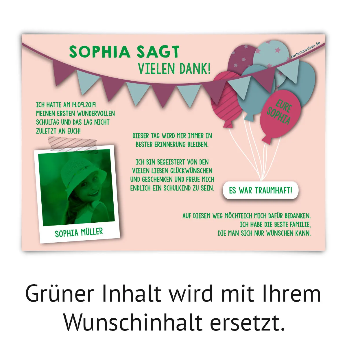 Dankeskarten zur Einschulung - Fahnen Girlande in Rosa