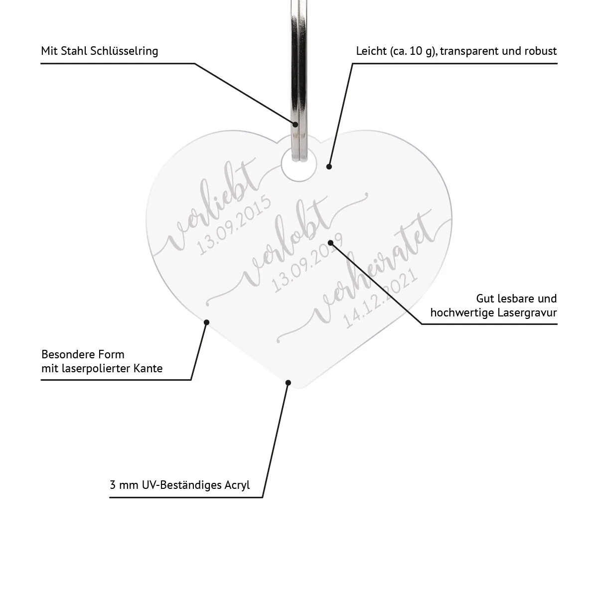 Personalisierter Acrylglas Schlüsselanhänger als Herz - verliebt verlobt verheiratet