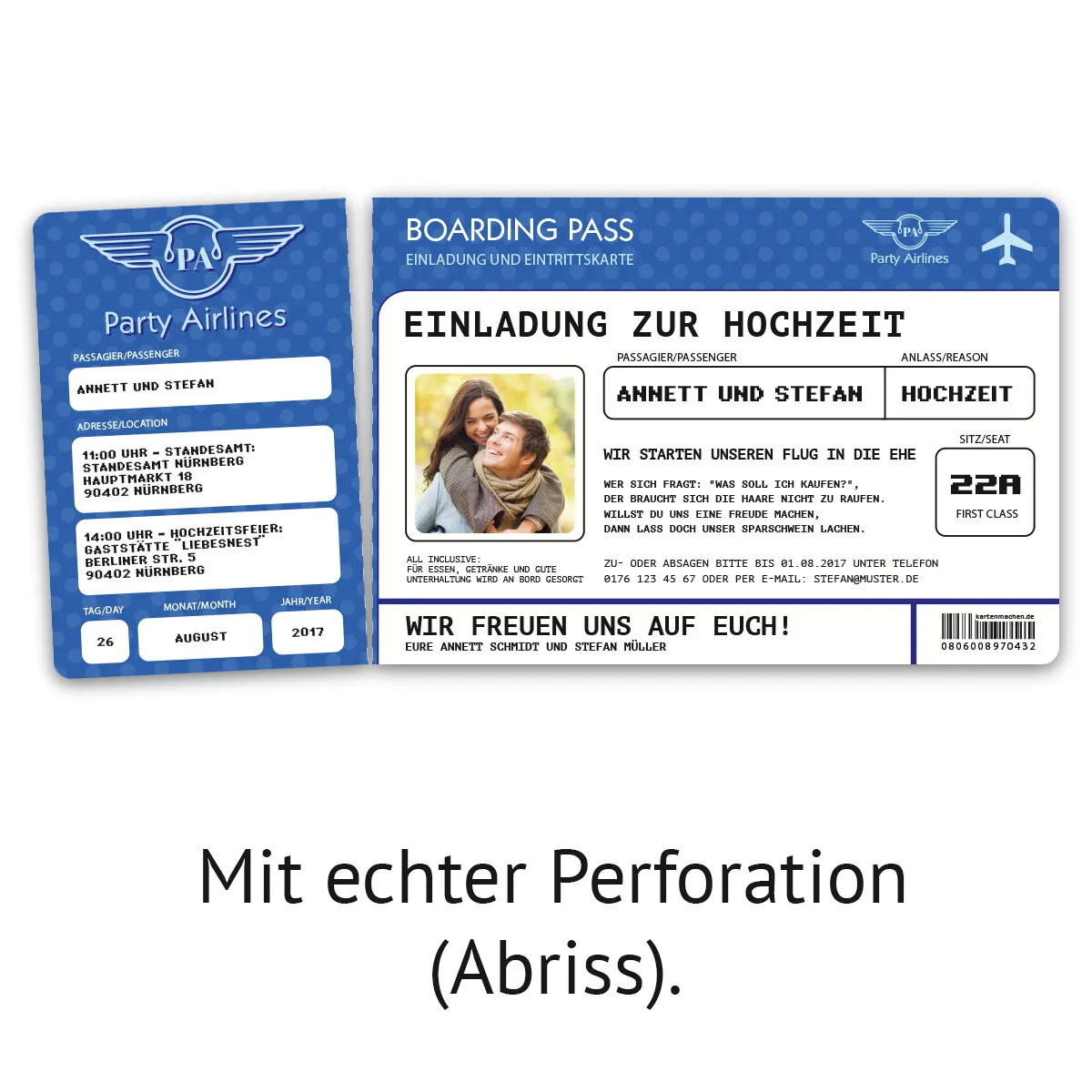 Hochzeitskarten als Flugticket - Blau