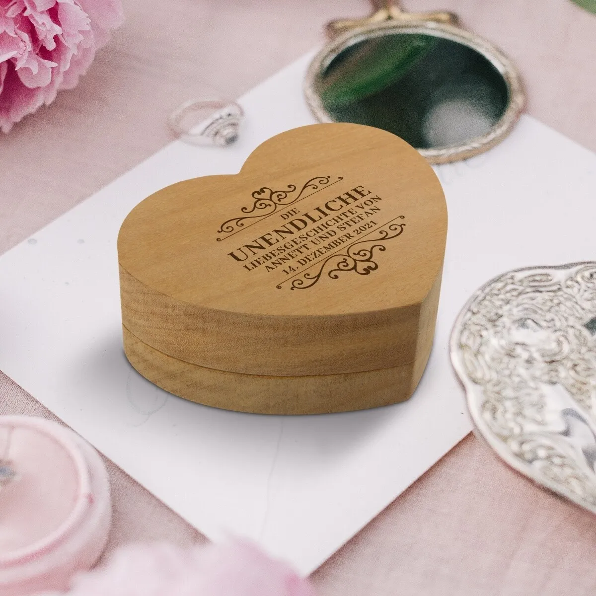 Hochzeit Herz Ringbox Garapa Holz - Liebesgeschichte