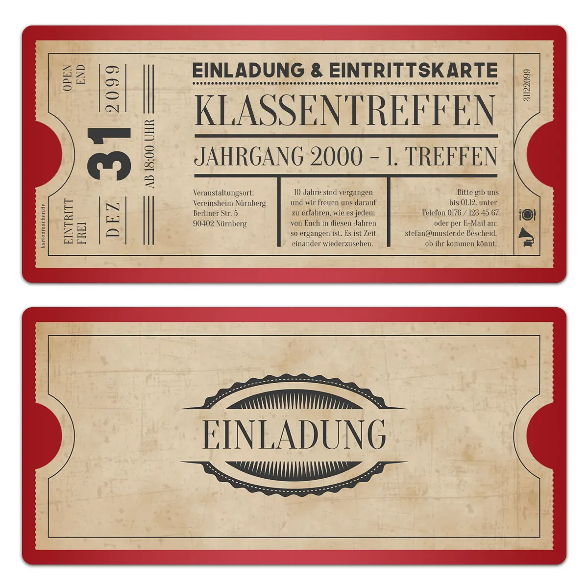 Klassentreffen Einladungskarten - Vintage Ticket in Rot