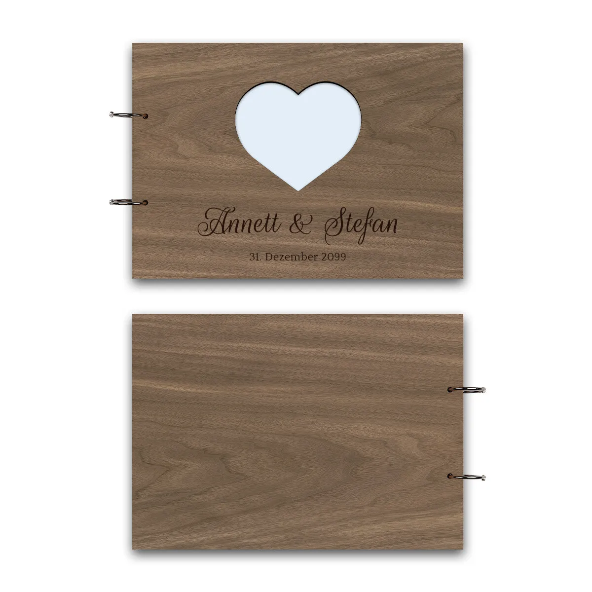 Personalisiertes Hochzeit Gästebuch Nussbaum Holz A4 quer - Herz