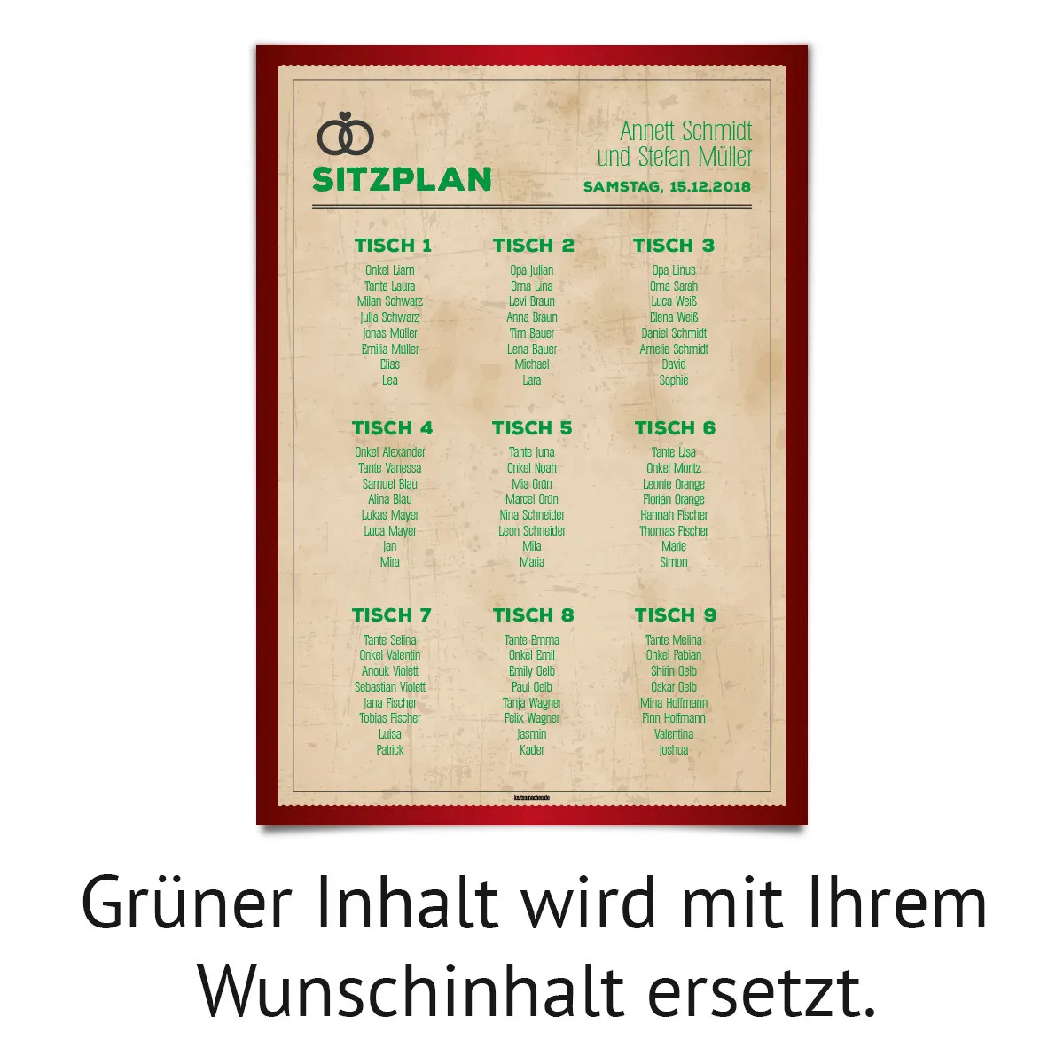 Hochzeit Sitzplan Plakat - Vintage Herz in Rot