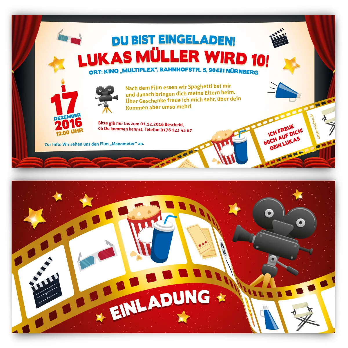 Einladungskarten für Kinder zum Geburtstag - Kino Film