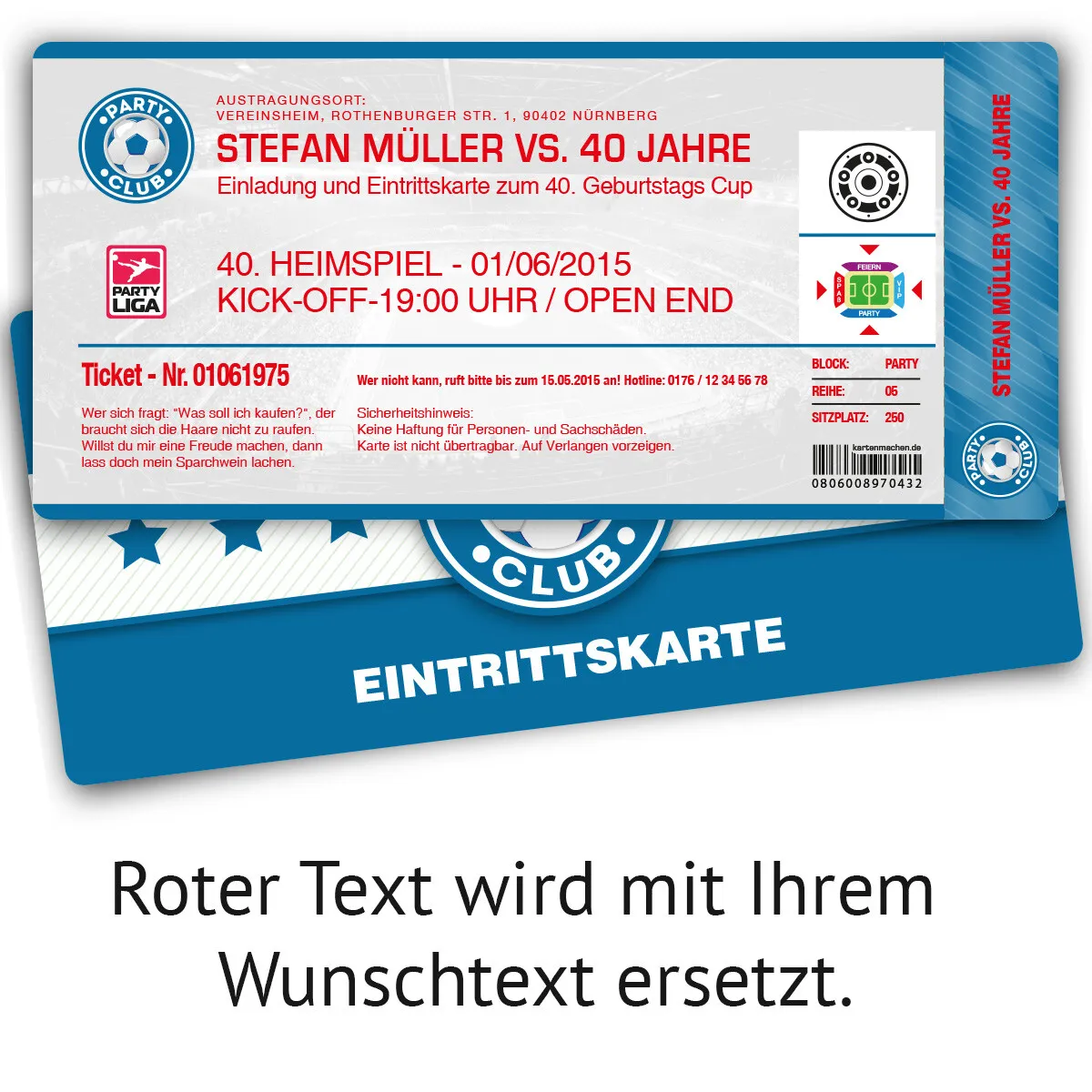 Einladungskarte als Fussballticket - Blau