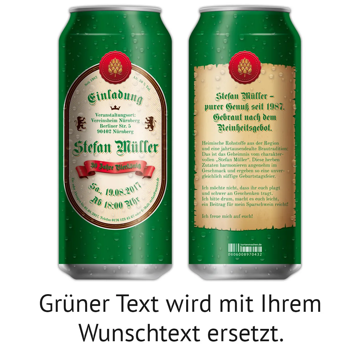 Lasergeschnittene Geburtstagseinladungskarten als Bierdose in Grün