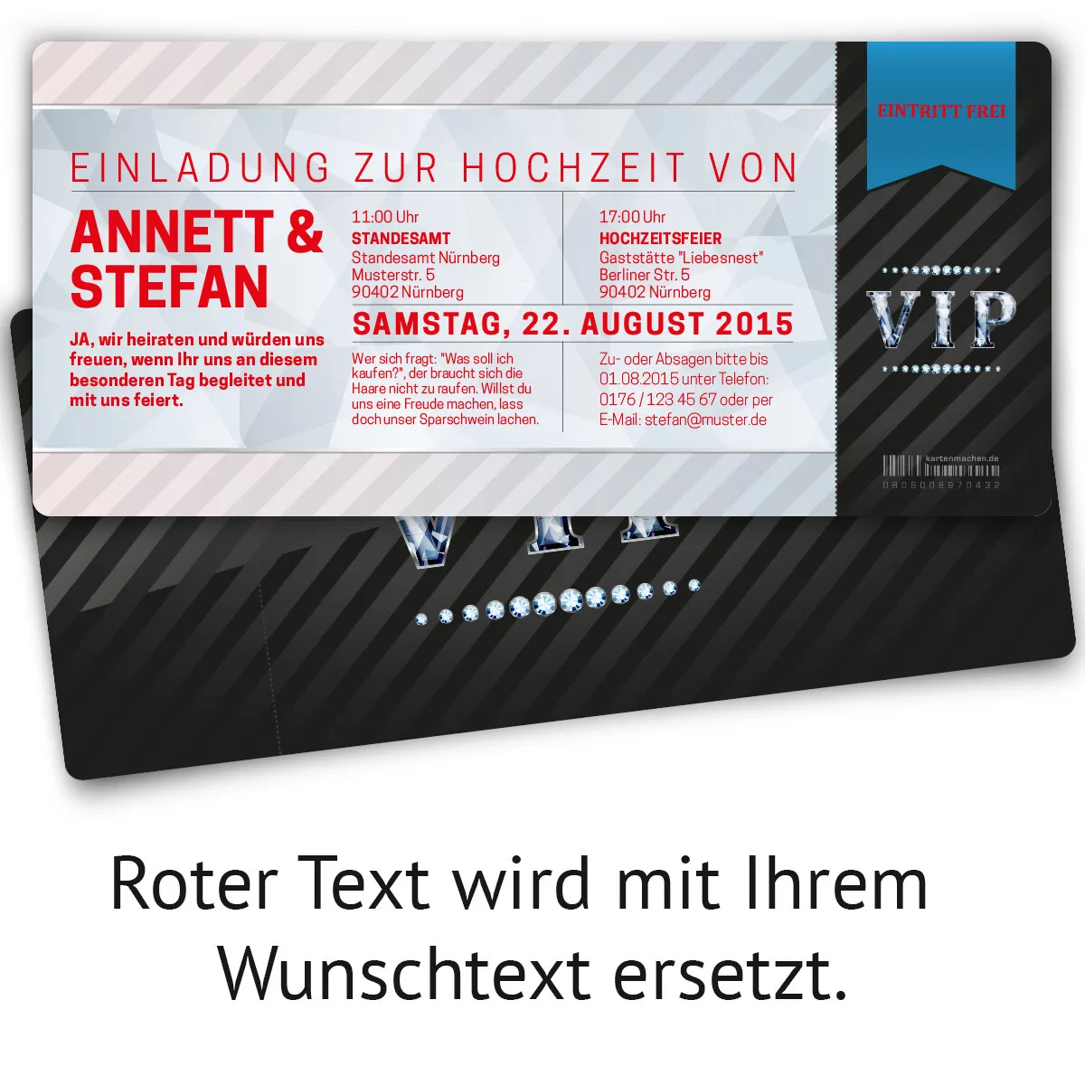 Hochzeitskarten als Eintrittskarte - VIP Blau