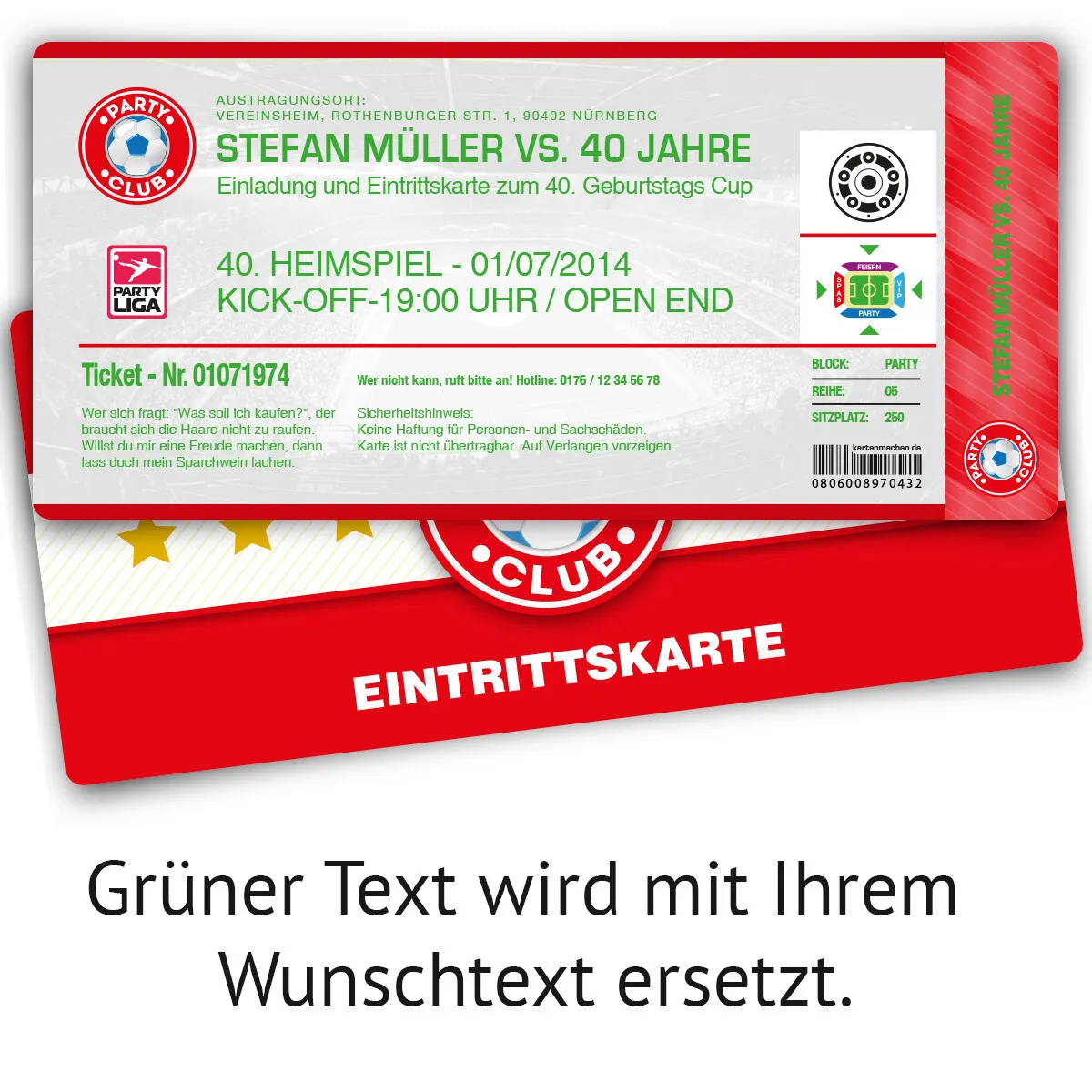 Einladungskarte als Fussballticket - Rot