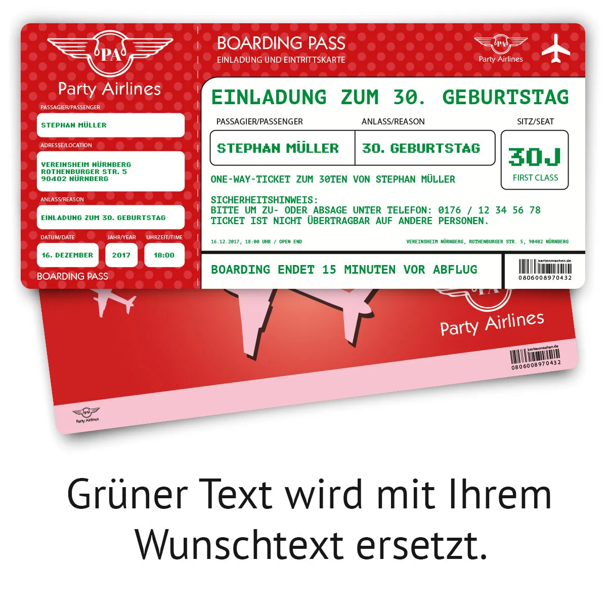 Geburtstag Einladungskarte als Flugticket - Rot