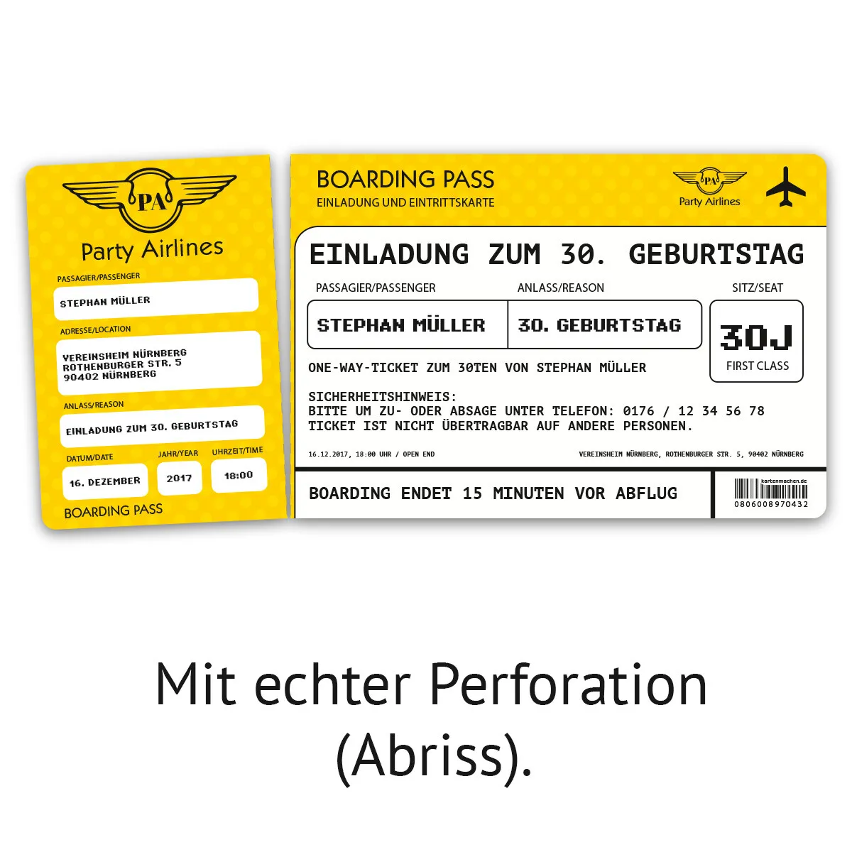 Geburtstag Einladungskarte als Flugticket - Gelb