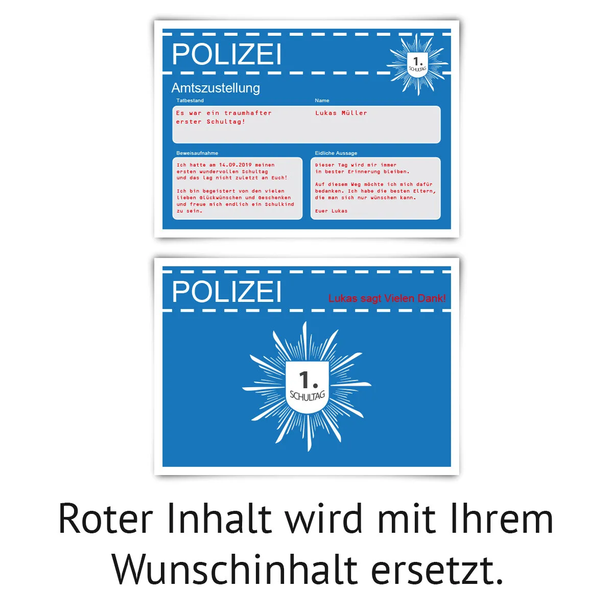 Dankeskarten zur Einschulung - Polizei Vorladung