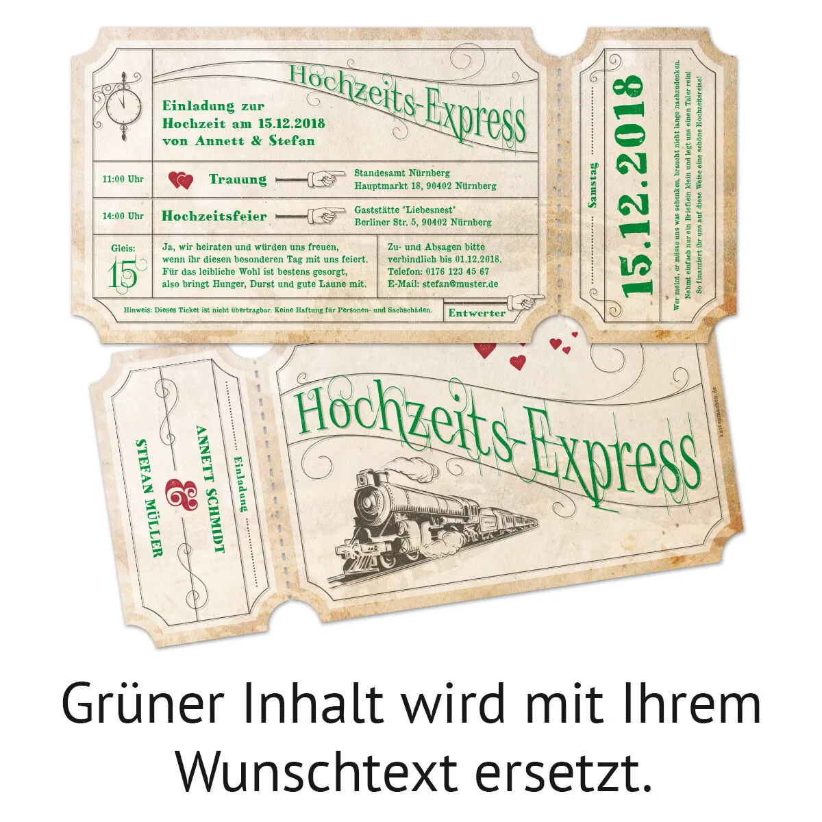 Lasergeschnittene Hochzeitseinladungen - Sand Zugticket Hochzeitsexpress