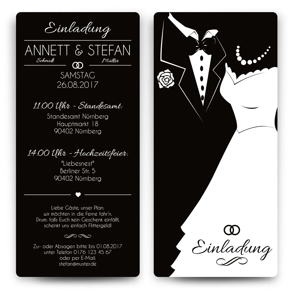 Hochzeitseinladungen - Black and White Brautpaar - Schwarz