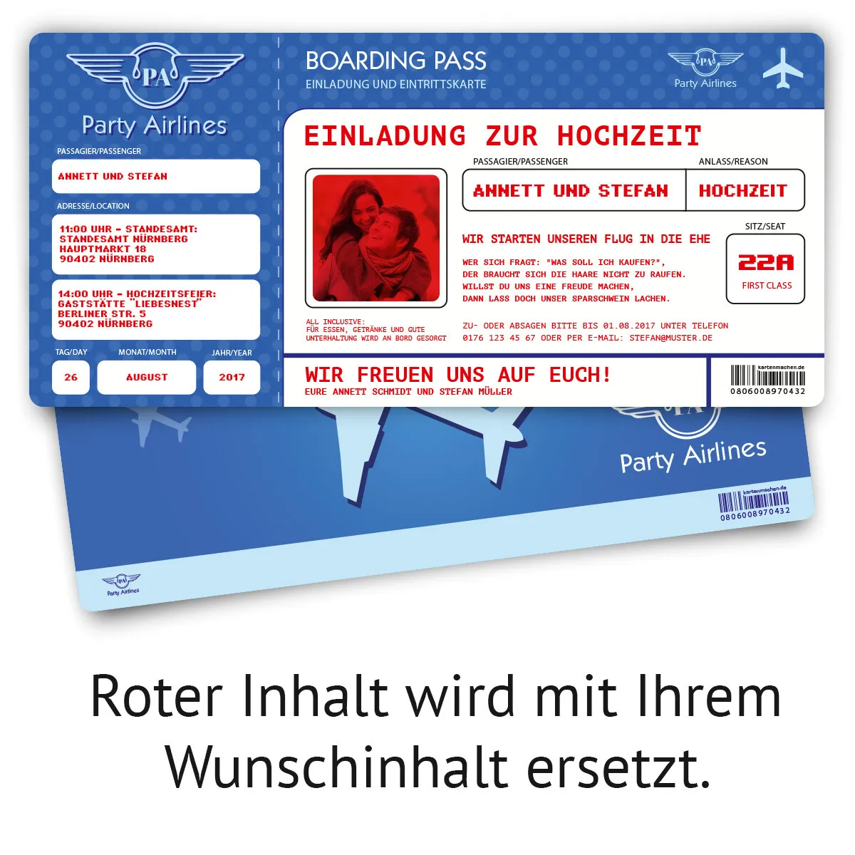 Hochzeitskarten als Flugticket - Blau