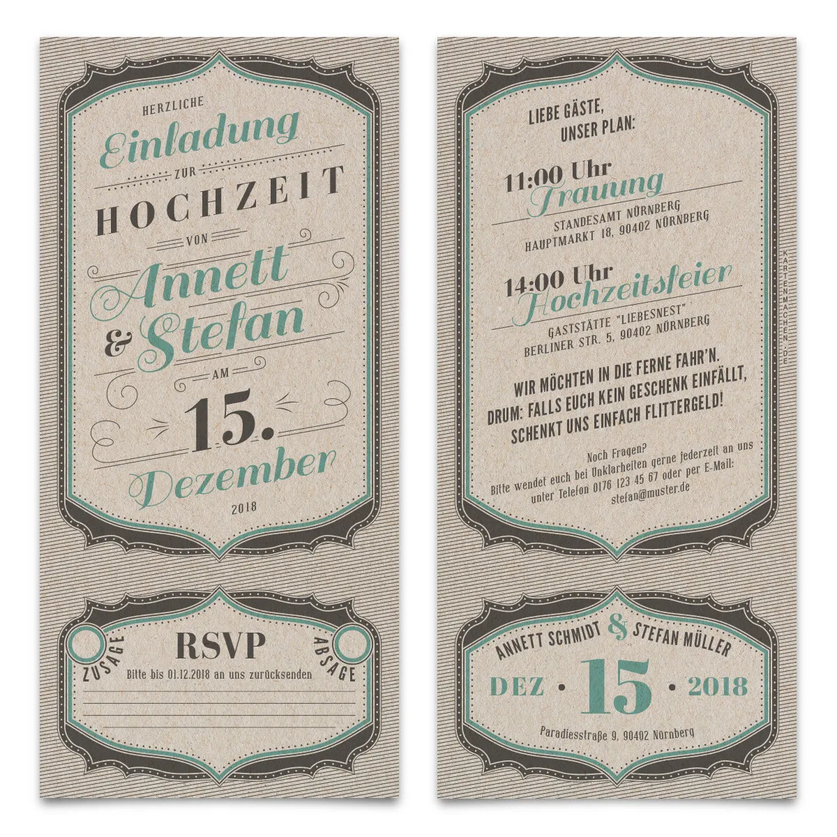 Hochzeitseinladungen mit Antwortkarte Ticket - Vintage Letterpress