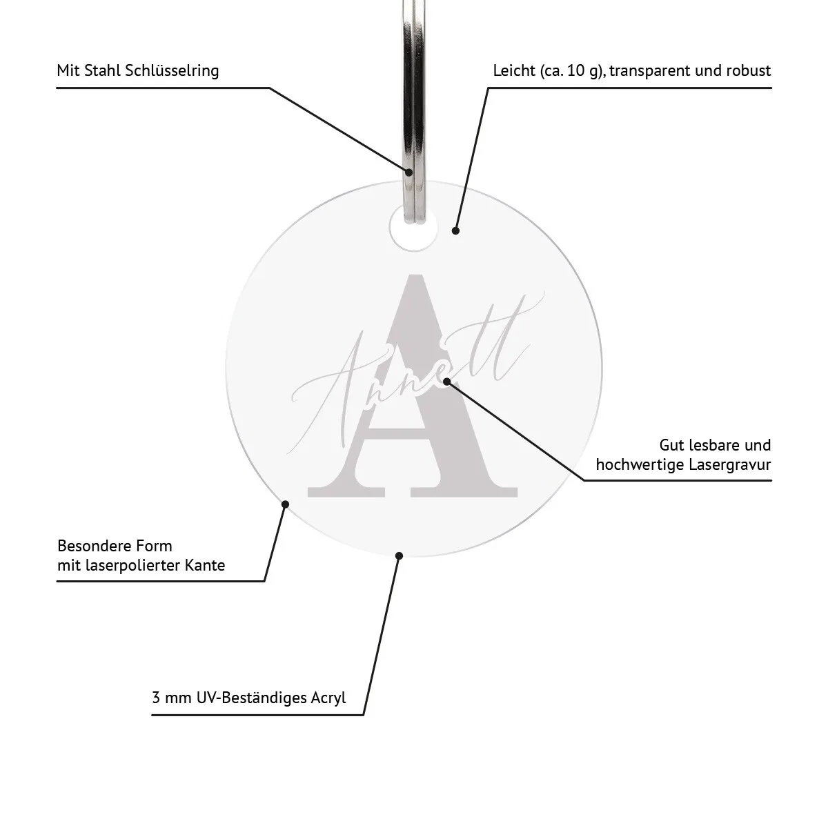 Personalisierter Acrylglas Schlüsselanhänger als Kreis - Elegante Initialen