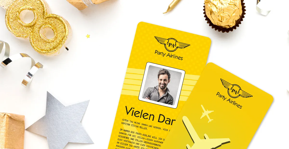 Dankeskarten für Hochzeit und Geburtstag witzig als Flugticket mit eigenem Text und Foto