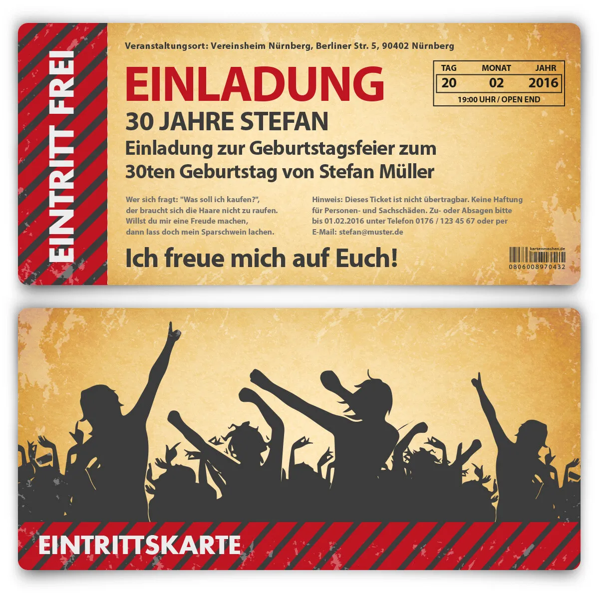 Einladungskarte als Eintrittskarte mit Abrissstreifen - Party / Vintage