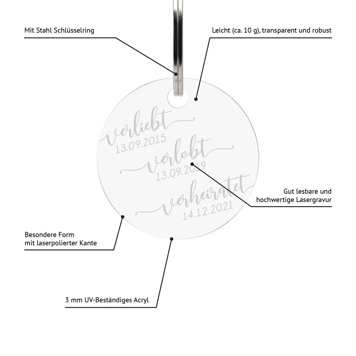 Personalisierter Acrylglas Schlüsselanhänger als Kreis - verliebt verlobt verheiratet