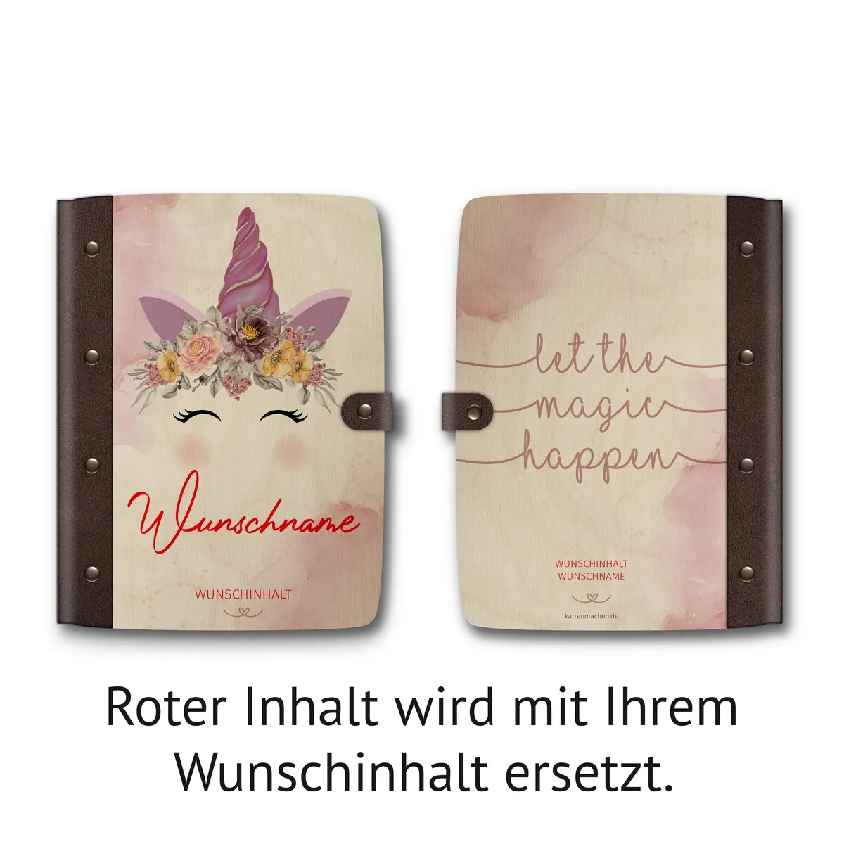 Personalisiertes Notizbuch Birkensperrholz mit Leder und UV-Druck - Einhorn