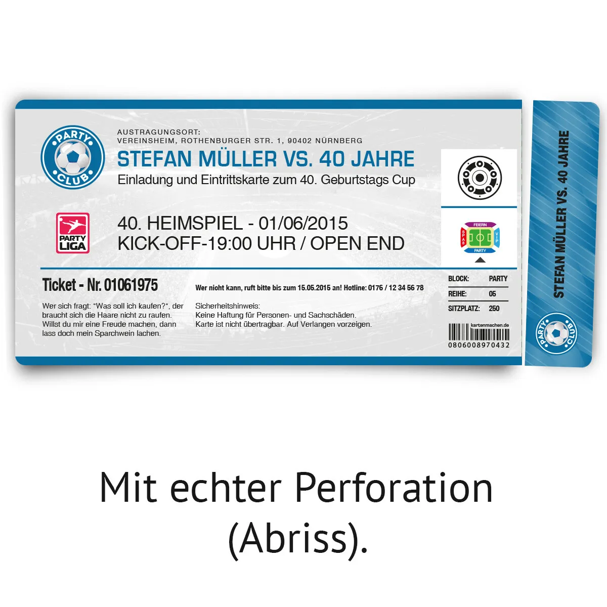 Einladungskarte als Fussballticket - Blau