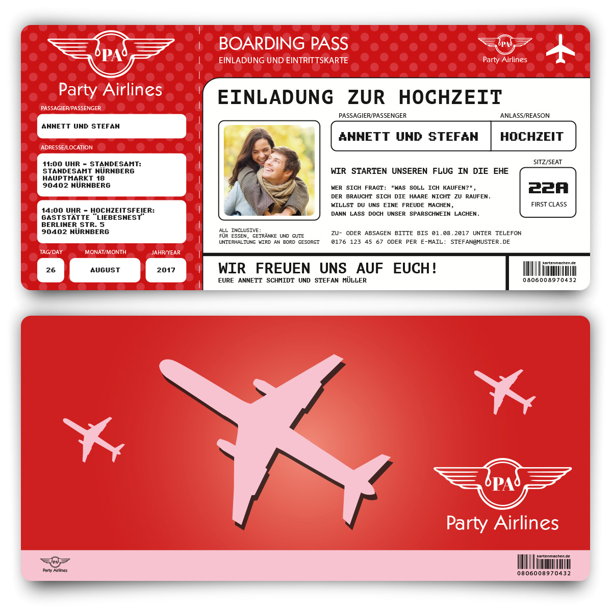 Hochzeitskarten als Flugticket - Rot