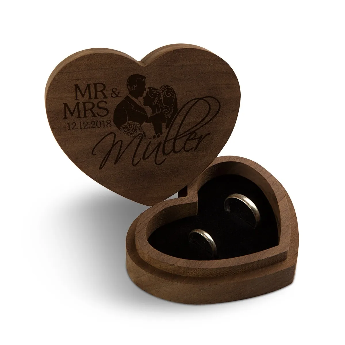 Hochzeit Herz Ringbox Kebony Holz - Mr & Mrs