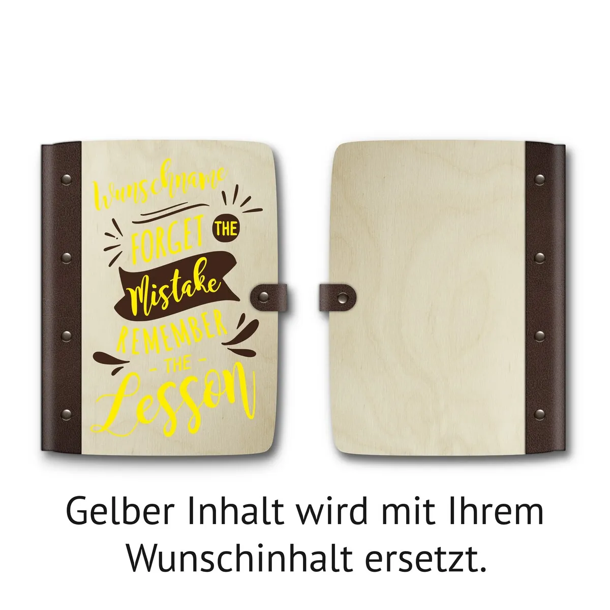 Personalisiertes Notizbuch Birkensperrholz mit Lederrücken - Handlettering