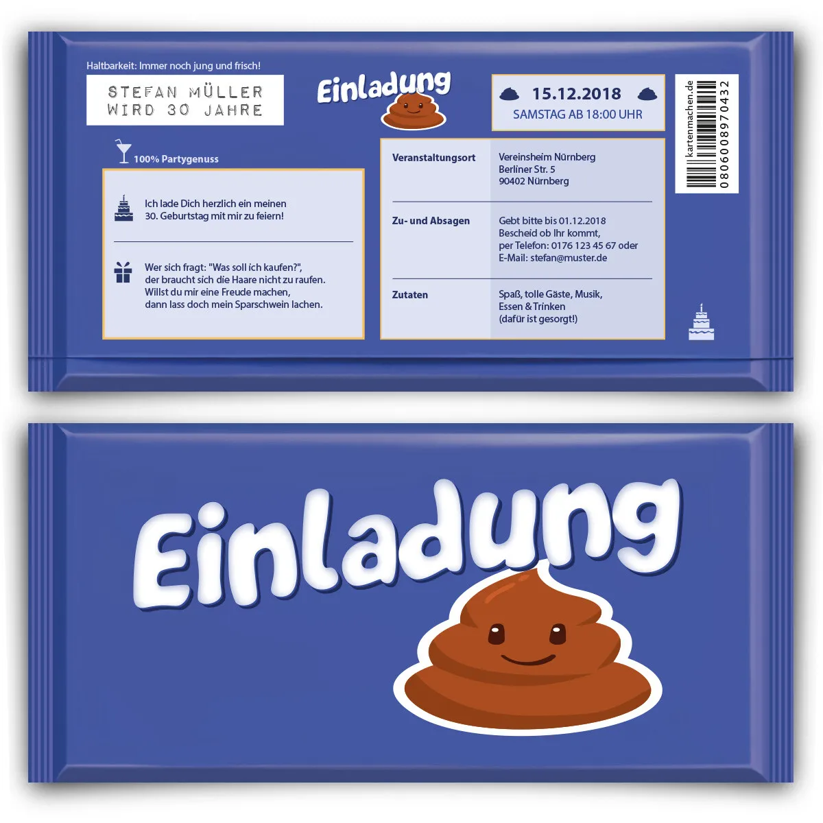 Geburtstag Einladungskarten im lila Schokolade Motiv