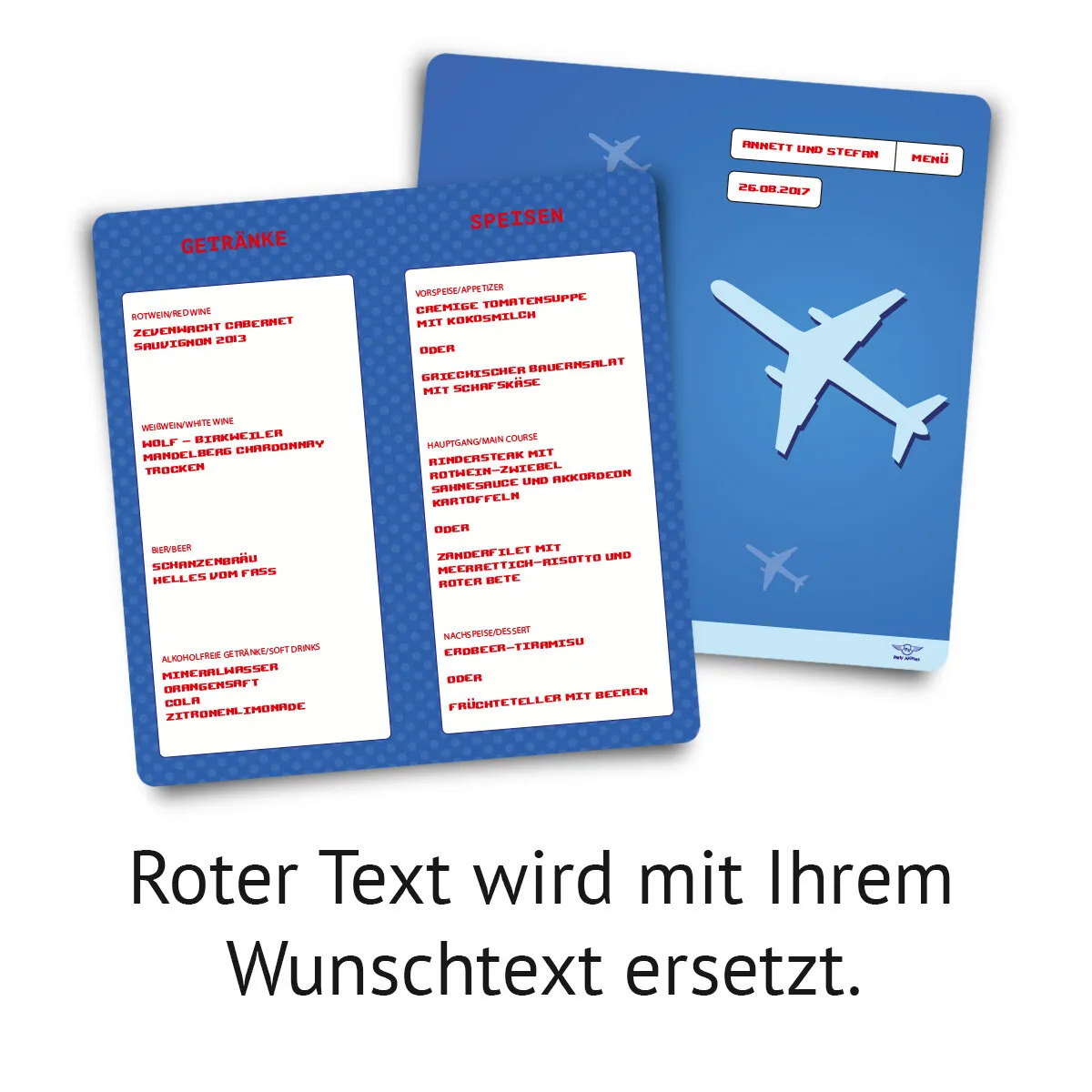 Hochzeit Menükarten im Flugticket Motiv - Blau