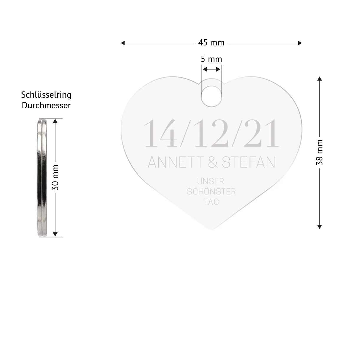 Personalisierter Acrylglas Schlüsselanhänger als Herz - Schönster Tag