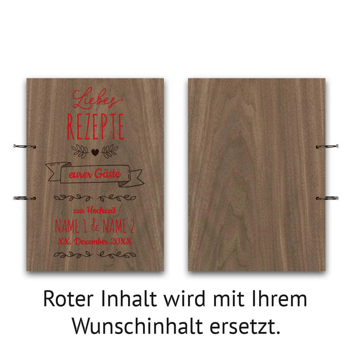 Personalisiertes Hochzeit Gästebuch Nussbaum Holz A4 hoch - Rezeptbuch