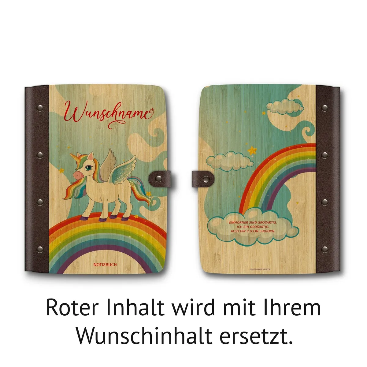 Personalisiertes Notizbuch / Tagebuch Bambus für Kinder - Regenbogeneinhron