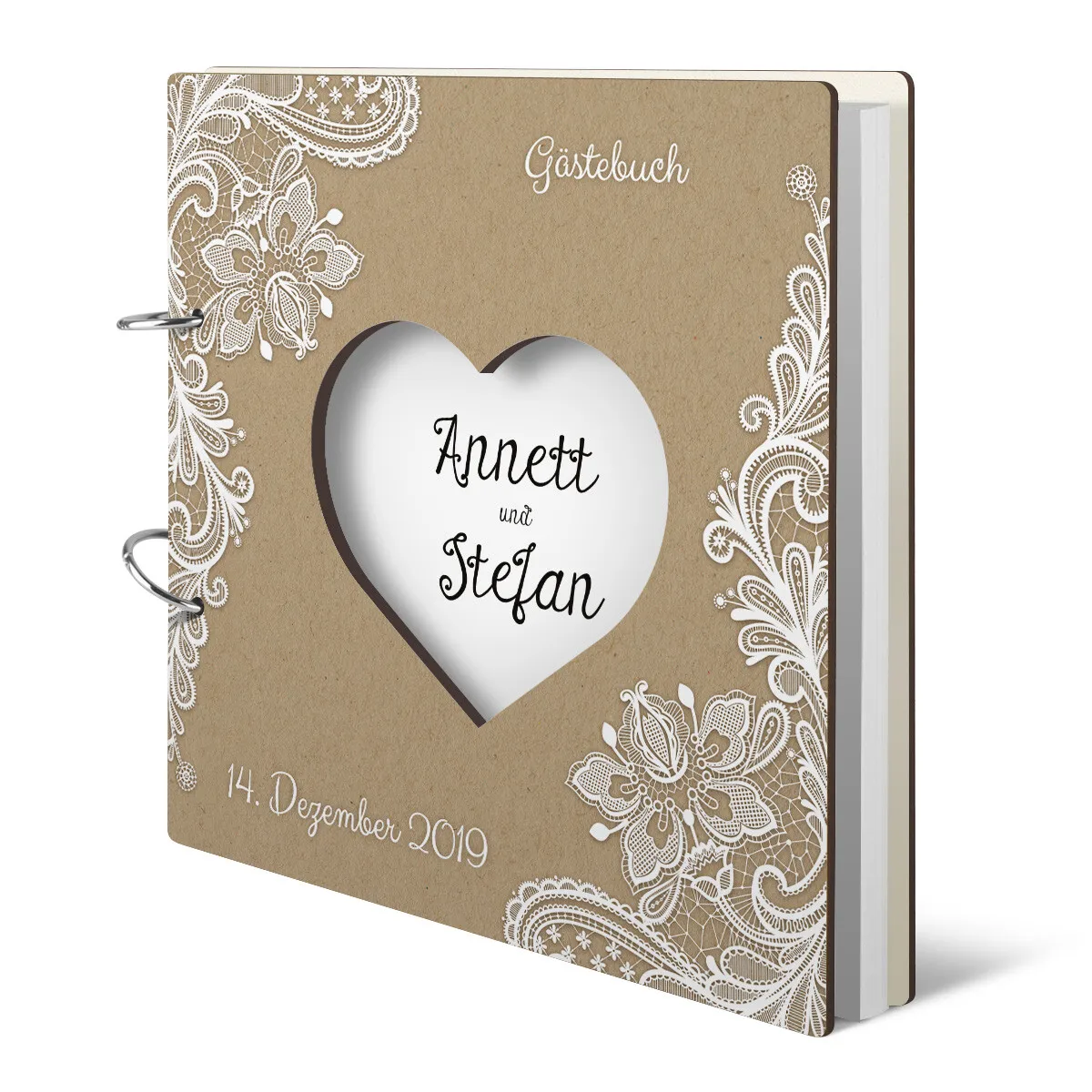 Personalisiertes Holzcover Hochzeit Gästebuch lasergeschnitten - Rustikal Kraftpapier