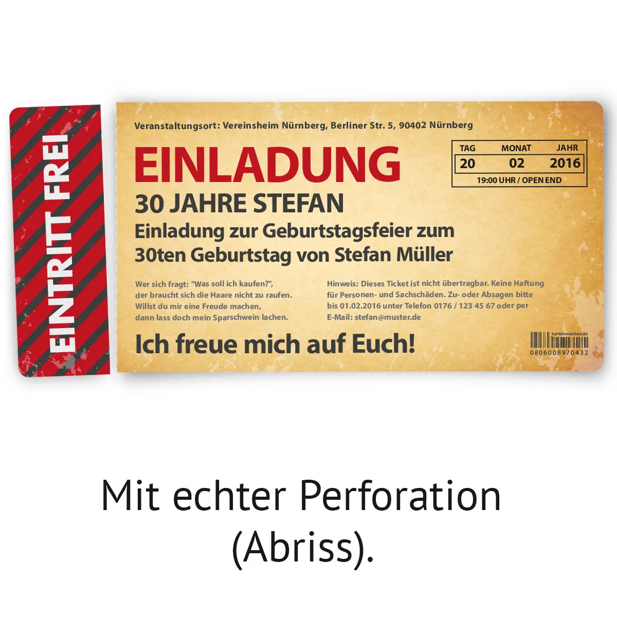 Einladungskarte als Eintrittskarte mit Abrissstreifen - Party / Vintage