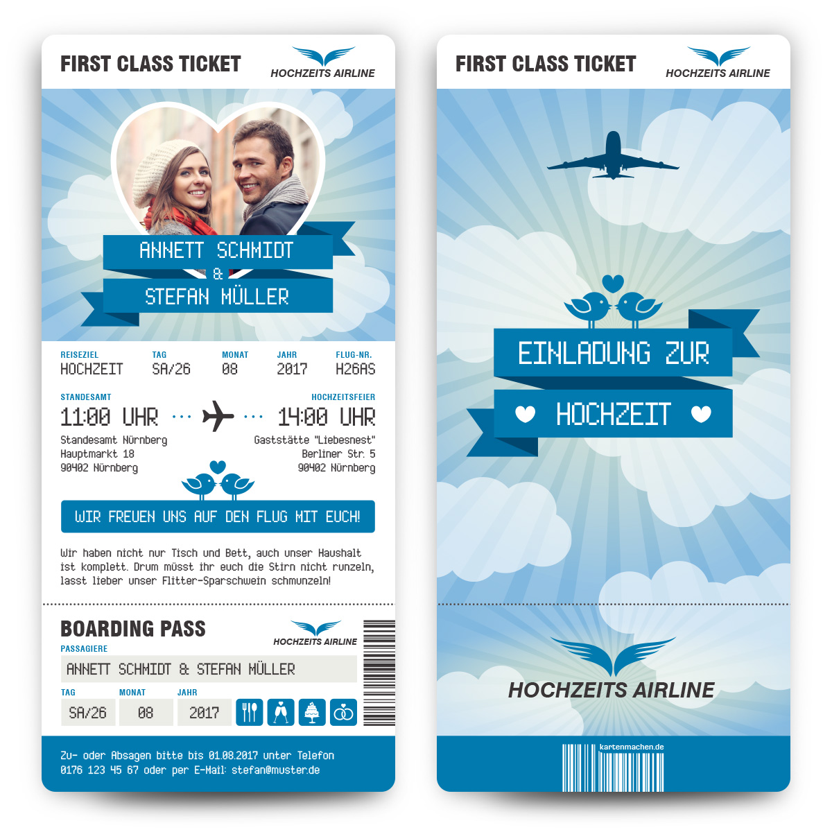 Hochzeit Einladungen - First Class Flugticket in Blau