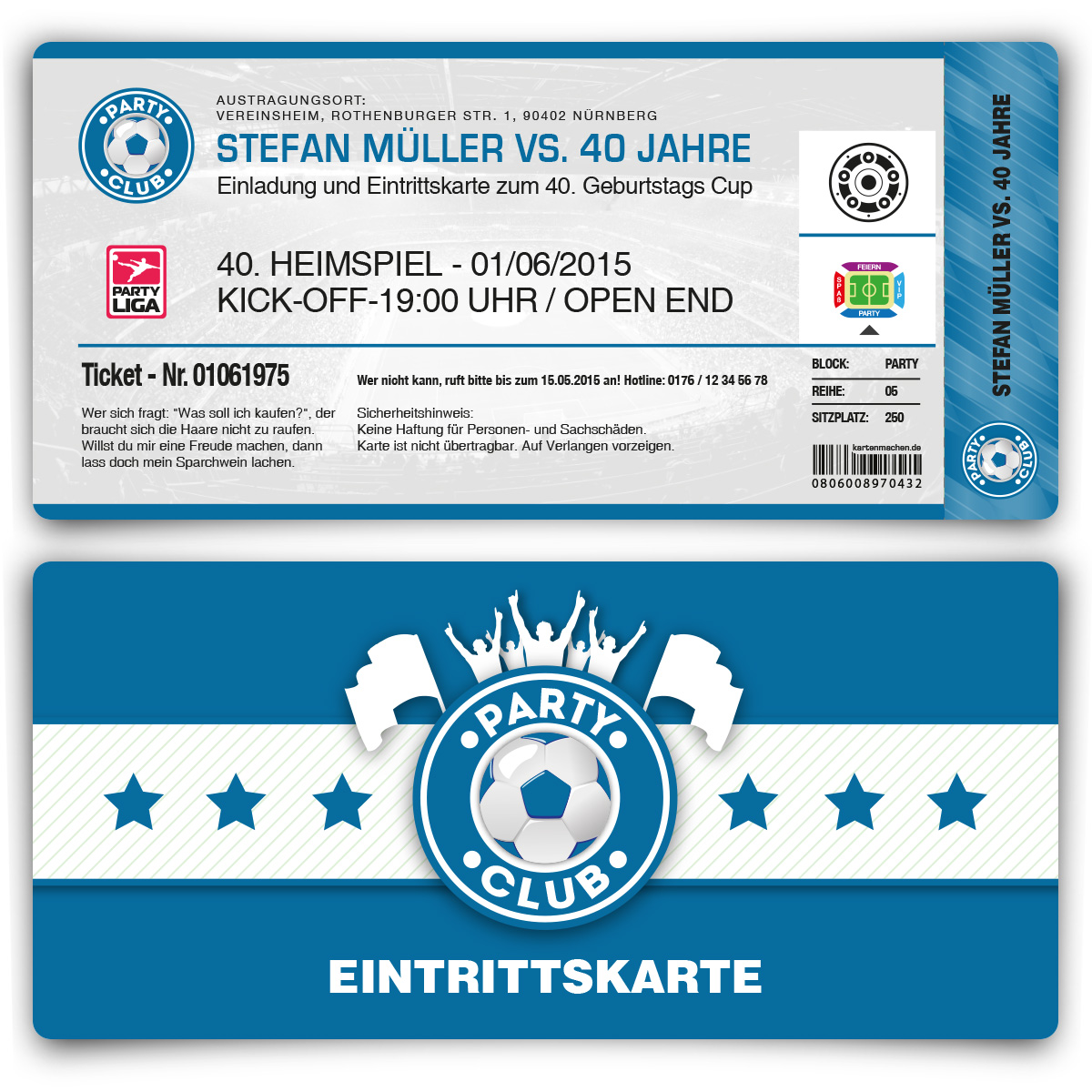 Einladungskarte als Fussballticket - Blau