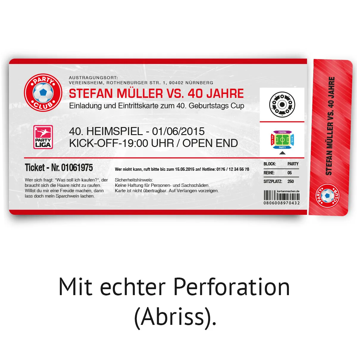 Einladungskarte als Fussballticket - Rot