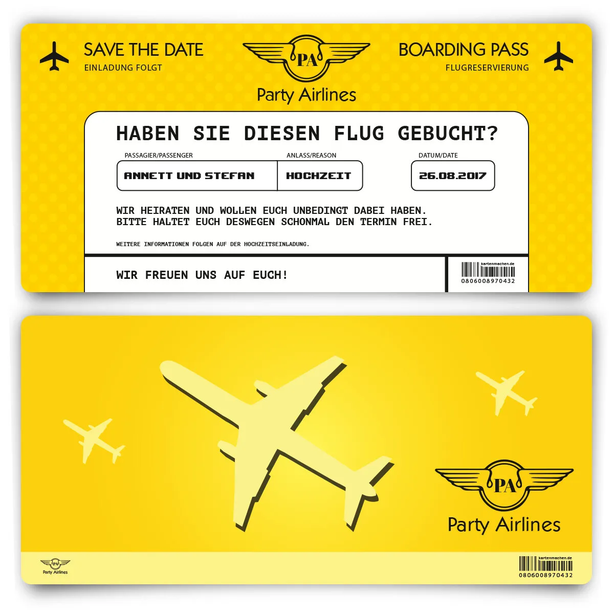 Save the Date Karte im Flugticket Motiv - Gelb