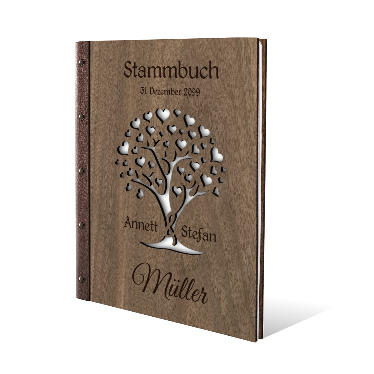 Personalisiertes Stammbuch Nussbaum Holz DIN A4 - Herzbaum