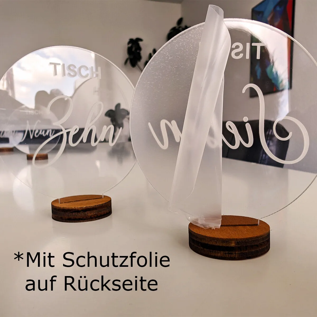 Runde Hochzeit Tischnummern aus Acrylglas mit Lasergravur Set - Schwungvoll Elegant