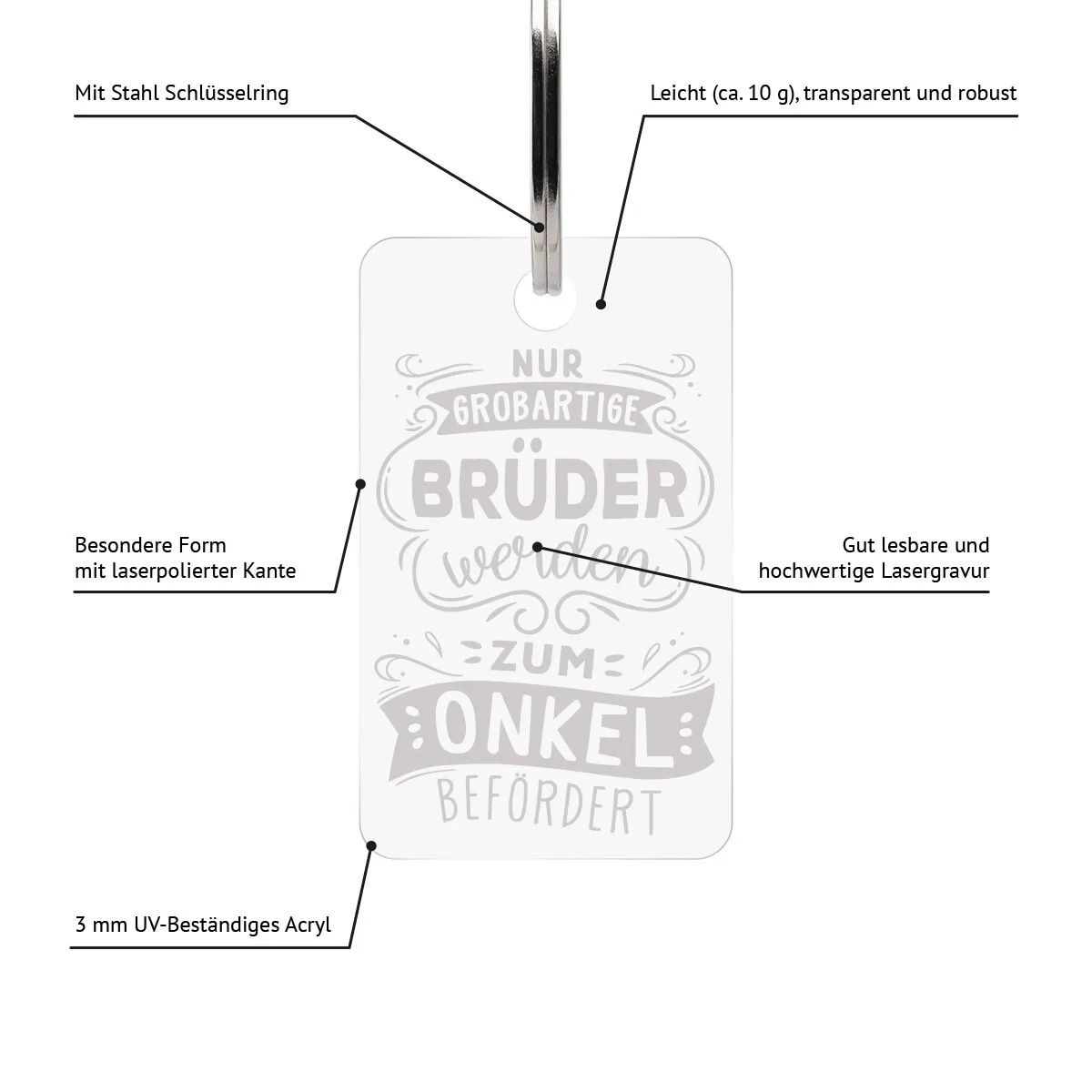 Acrylglas Schlüsselanhänger als Rechteck - Zum Onkel befördert