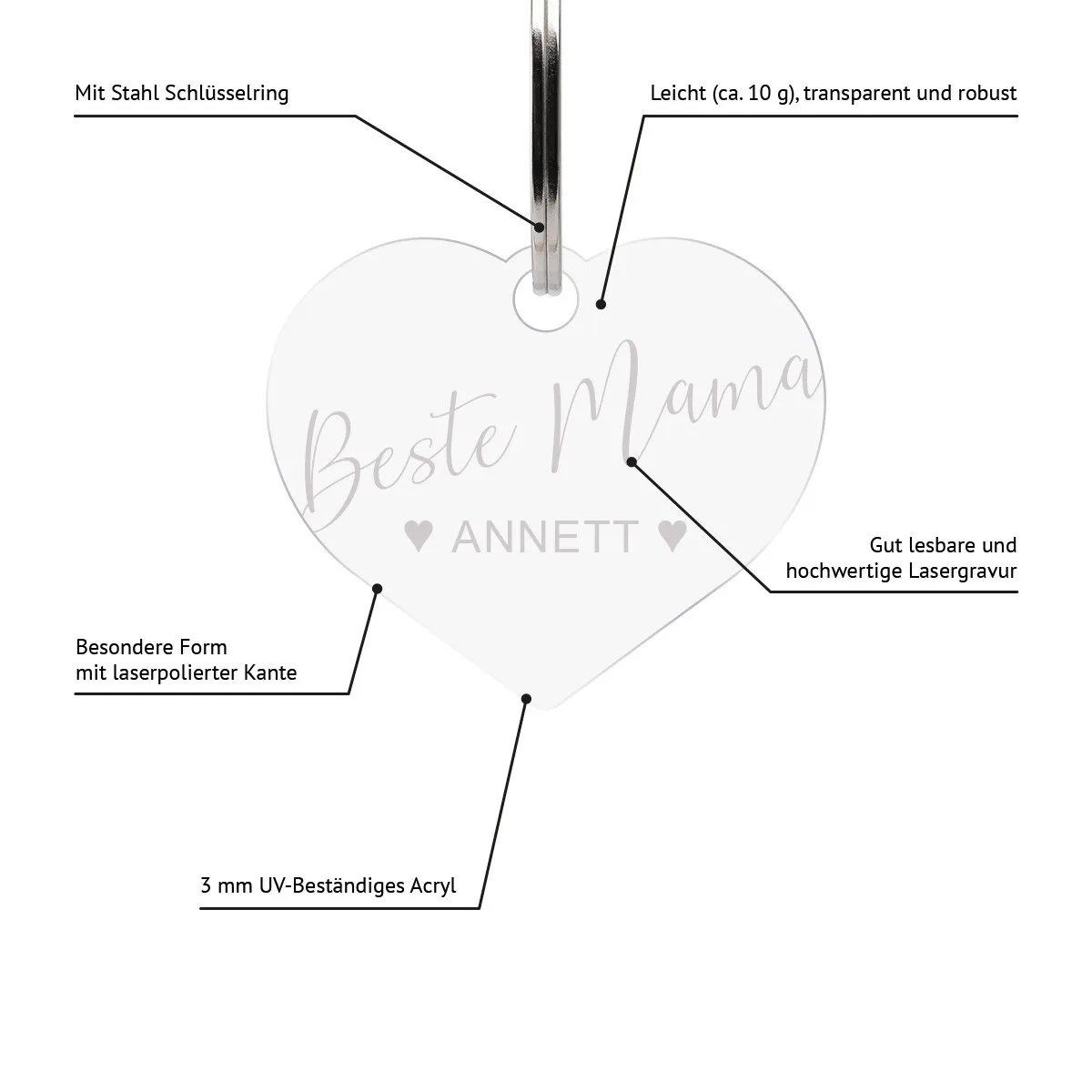 Personalisierter Acrylglas Schlüsselanhänger als Herz - Beste Mama