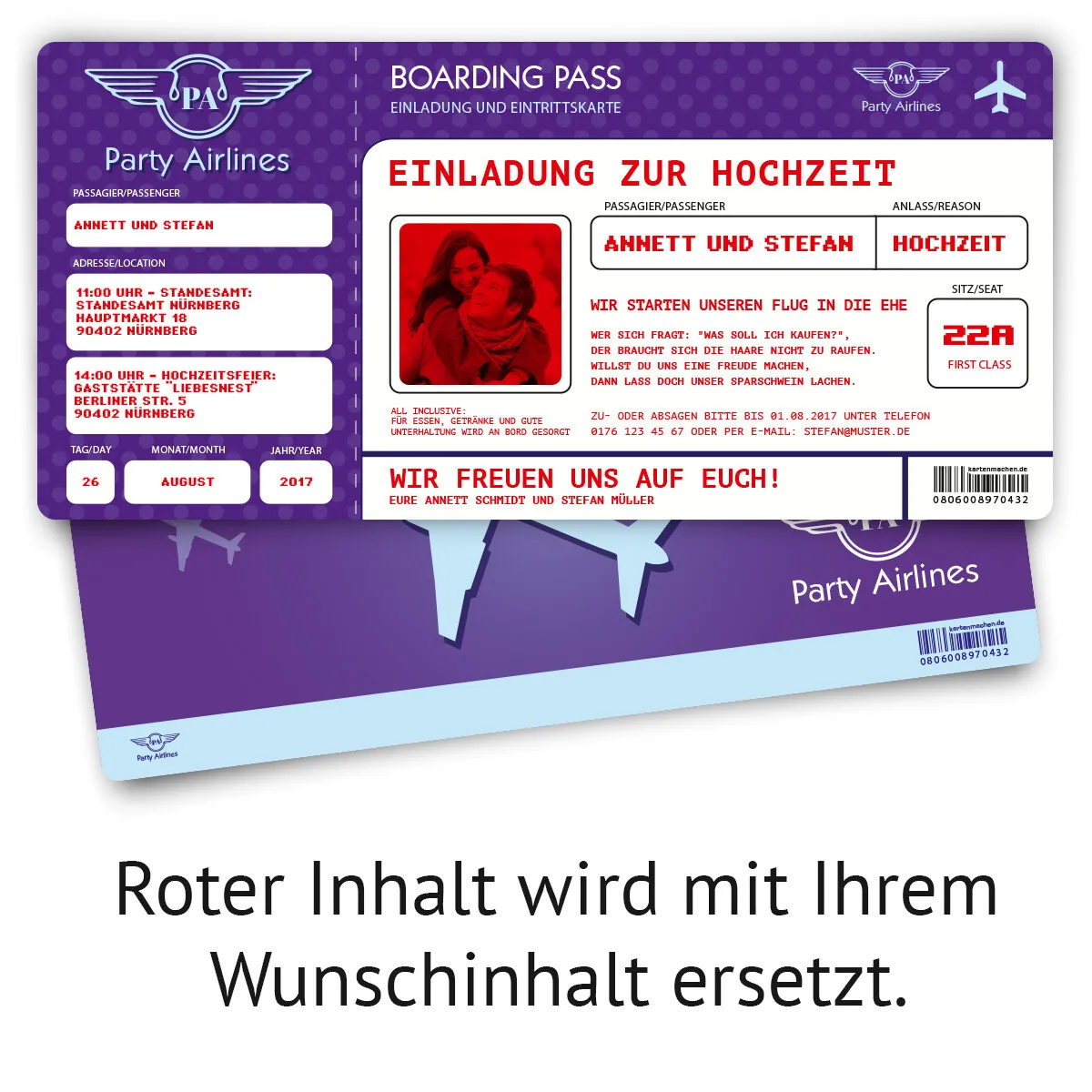 Hochzeitskarten als Flugticket - Lila