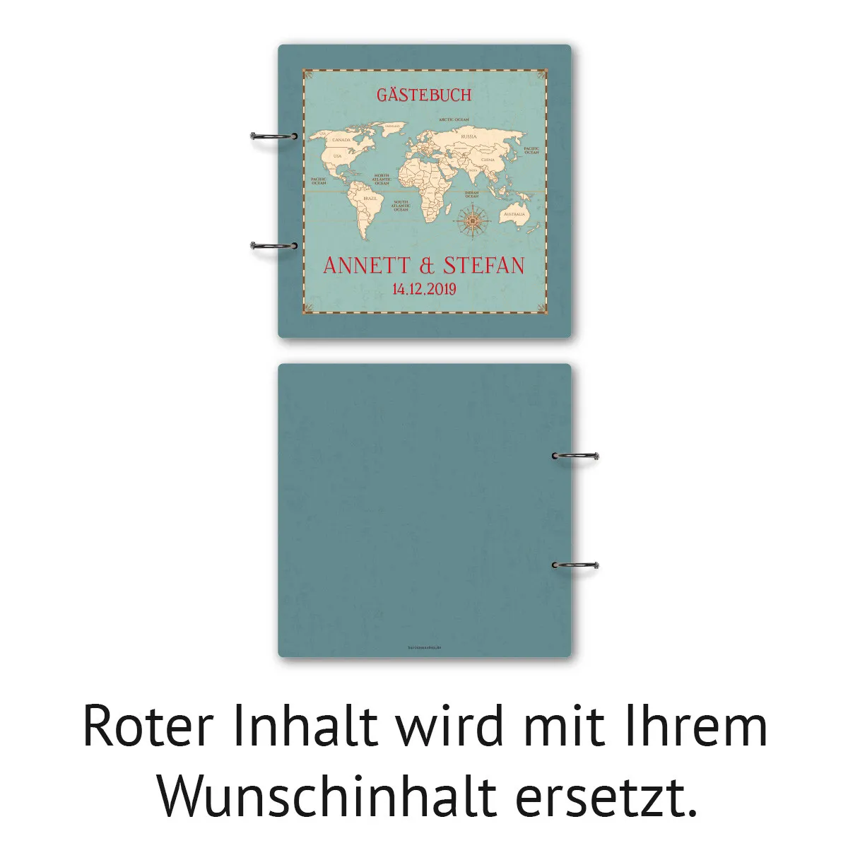 Personalisiertes Holzcover Hochzeit Gästebuch - Weltkarte