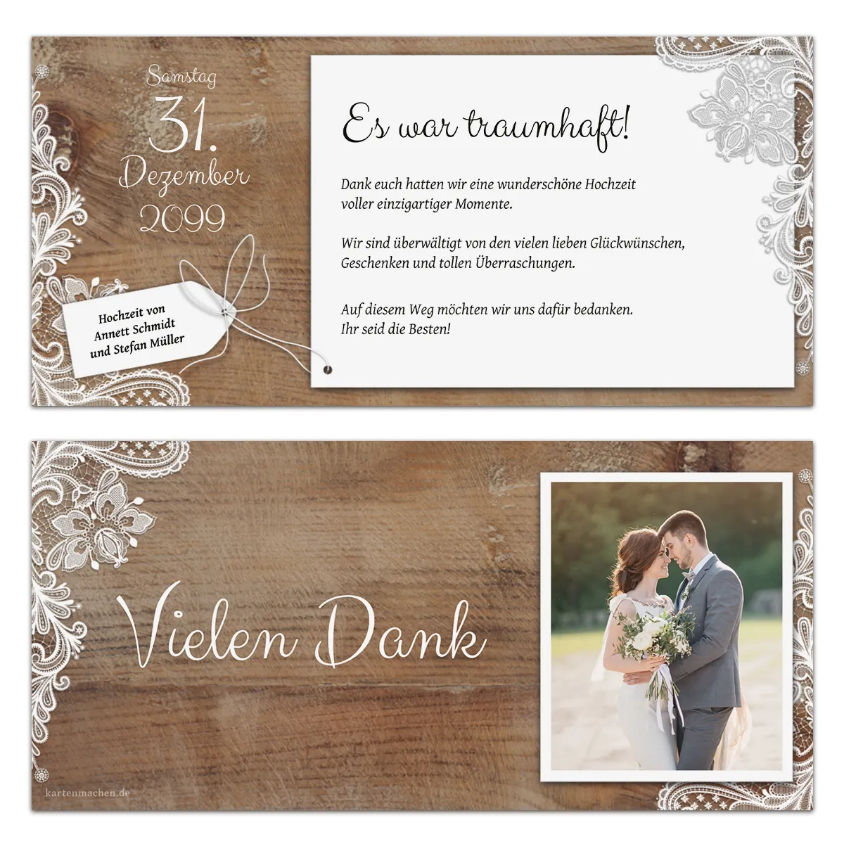 Hochzeit Dankeskarten DIN Lang - Rustikal mit weißer Spitze