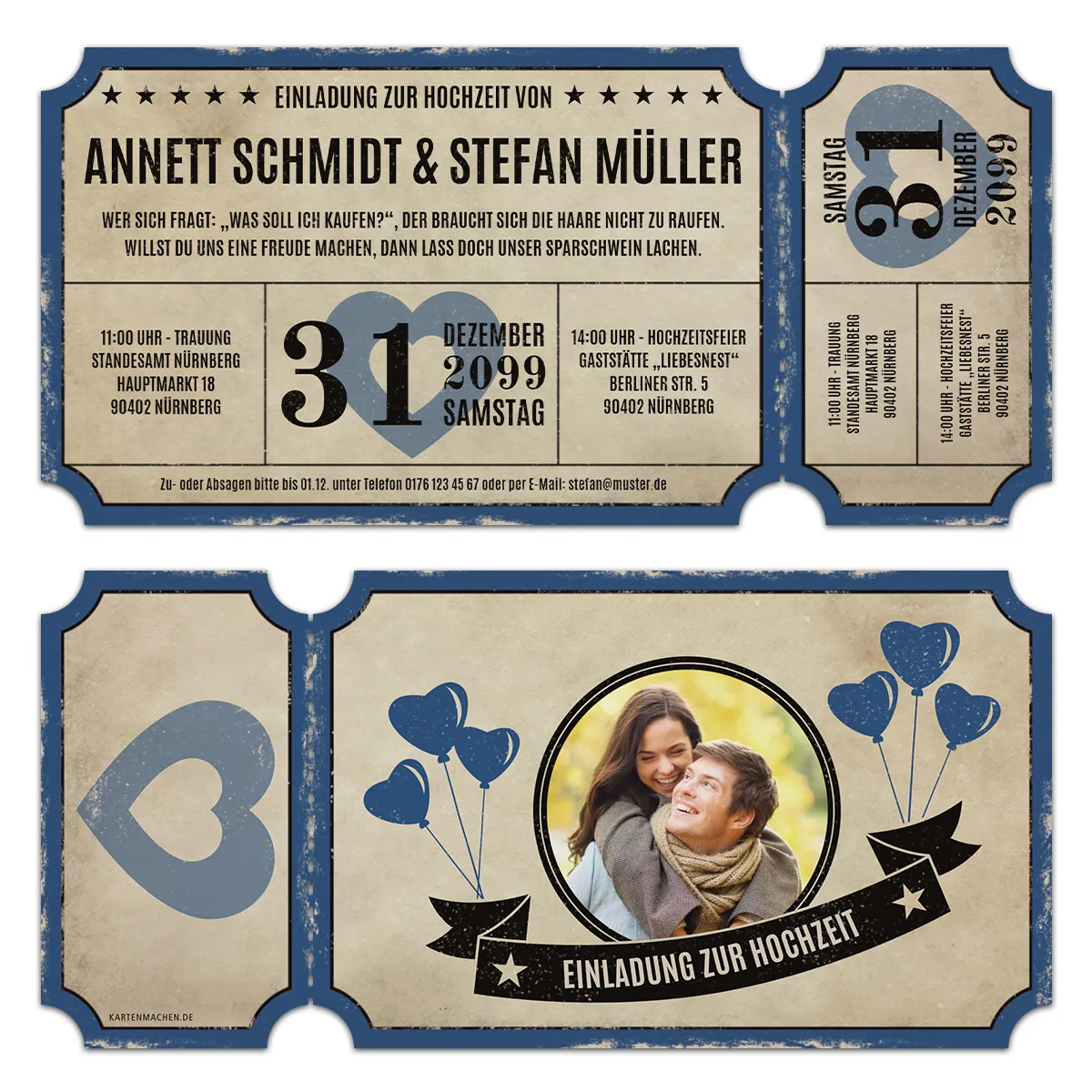 Lasergeschnittene Foto Hochzeitseinladung Vintage Ticket Luftballons Blau